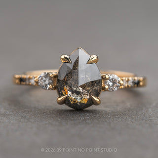 1.91 Carat Black Salt and Pepper Pear Diamond Engagement Ring, Ombre Eliza Setting, 14K Yellow Gold