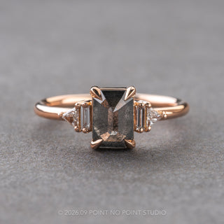 1.23 Carat Salt and Pepper Emerald Shaped Diamond Engagement Ring, Beatrice Setting, 14k Rose Gold