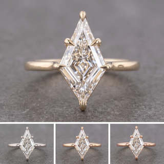 Step Cut Kite Lab Diamond Engagement Ring, Lark Setting, Point No Point Studio. Available in a variety of metal types. Eco-friendly, Recycled Metals, Conflict Free.