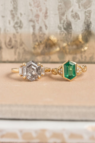 1.46 Carat Canadian Salt and Pepper Hexagon Diamond Engagement Ring, Zoe Setting
