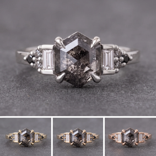 1.24 Carat Black Salt and Pepper Hexagon Diamond Engagement Ring, Ombre Dahlia Setting