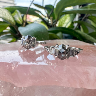 1.24 Carat Black Salt and Pepper Hexagon Diamond Engagement Ring, Ombre Dahlia Setting