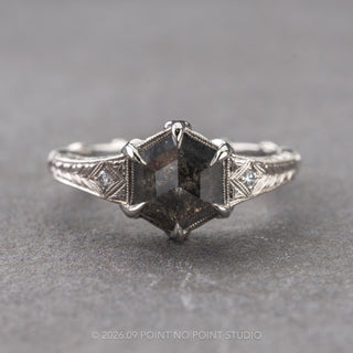 1.57 Carat Black Salt and Pepper Hexagon Diamond Engagement Ring, Ombre Lucille Setting, Point No Point Studio. Eco-friendly, Recycled Metals, Conflict Free.