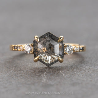 1.81 Carat Salt and Pepper Hexagon Diamond Engagement Ring, Ombre Eliza Setting, 14K Yellow Gold