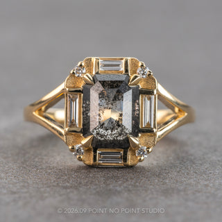 1.37 Carat Black Salt and Pepper Emerald Shaped Diamond Engagement Ring, Ruby Setting, 14K Yellow Gold