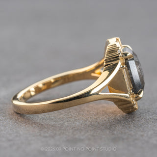 1.37 Carat Black Salt and Pepper Emerald Shaped Diamond Engagement Ring, Ruby Setting, 14K Yellow Gold