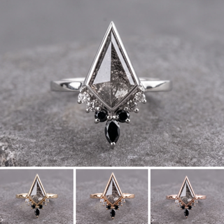 1.29 Carat Black Salt and Pepper Kite Diamond Engagement Ring, Engraved Bezel Ombre Ava Setting