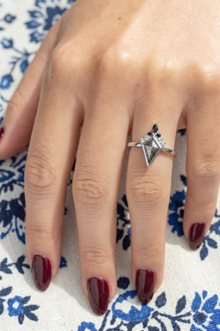 1.29 Carat Black Salt and Pepper Kite Diamond Engagement Ring, Engraved Bezel Ombre Ava Setting