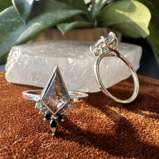 1.29 Carat Black Salt and Pepper Kite Diamond Engagement Ring, Engraved Bezel Ombre Ava Setting
