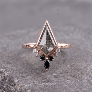 1.29 Carat Black Salt and Pepper Kite Diamond Engagement Ring, Engraved Bezel Ombre Ava Setting