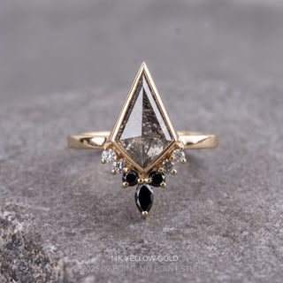1.29 Carat Black Salt and Pepper Kite Diamond Engagement Ring, Engraved Bezel Ombre Ava Setting