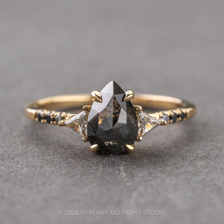 1.40 Carat Black Salt and Pepper Pear Diamond Engagement Ring, Ombre Eliza Setting, 14K Yellow Gold