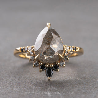 2.68 Carat Salt and Pepper Pear Diamond Engagement Ring, Ombre Avaline Setting, 14K Yellow Gold