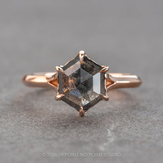 1.71 Carat Black Salt and Pepper Hexagon Diamond Engagement Ring, Elora Setting, 14k Rose Gold, Point No Point Studio. Eco-friendly, Recycled Metals, Conflict Free.