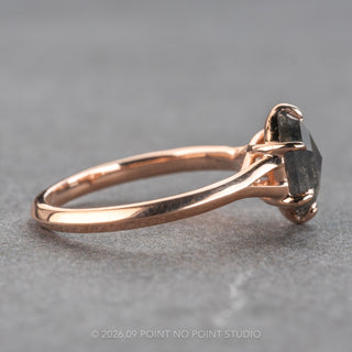 1.71 Carat Black Salt and Pepper Hexagon Diamond Engagement Ring, Elora Setting, 14k Rose Gold, Point No Point Studio. Eco-friendly, Recycled Metals, Conflict Free.