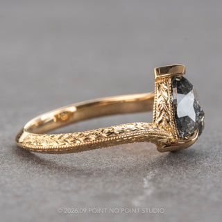 2.01 Carat Salt and Pepper Pear Diamond Engagement Ring, Louise Setting, 14K Yellow Gold, Point No Point Studio. Eco-friendly, Recycled Metals, Conflict Free.