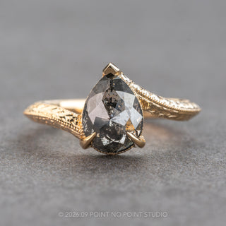 2.01 Carat Salt and Pepper Pear Diamond Engagement Ring, Louise Setting, 14K Yellow Gold, Point No Point Studio. Eco-friendly, Recycled Metals, Conflict Free.