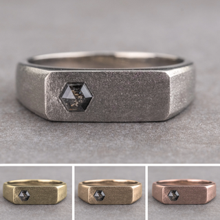 Black Salt and Pepper Hexagon Diamond Mens Signet Wedding Ring, Matte