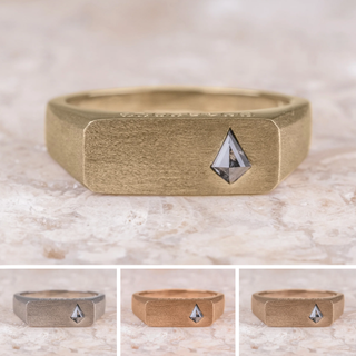 Black Salt and Pepper Kite Diamond Mens Signet Wedding Ring, Matte