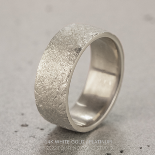 8mm Comfort Fit Mens Wedding Band, Distressed Texture Matte men's wedding band, Point No Point Studio. Eco-friendly, Recycled Metals, Conflict Free.