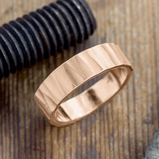 8mm 14k Peach Gold Mens Wedding Band, Wood Grain Matte