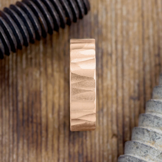 8mm 14k Peach Gold Mens Wedding Band, Wood Grain Matte