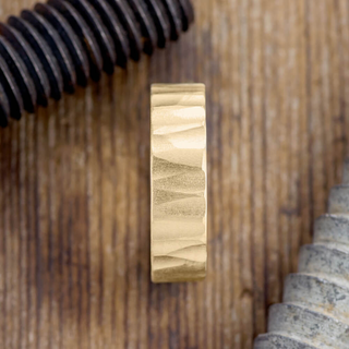 8mm Comfort Fit, 14k Yellow Gold Mens Wedding Band, Wood Grain Matte