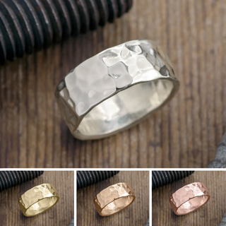8mm Mens Wedding Band, Hammered Polished