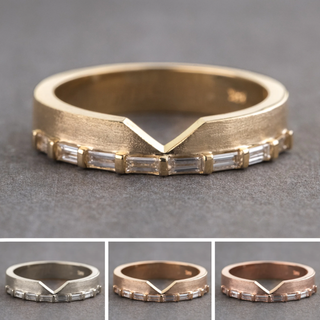 Ellipse Wedding Ring, Baguette Diamond, 4mm Matte Finish women's wedding band, Point No Point Studio. Eco-friendly, Recycled Metals, Conflict Free.