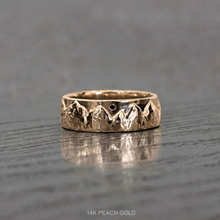 7mm Mountain Mens Wedding Ring with Black Diamond, Comfort Fit men's wedding band, Point No Point Studio. Eco-friendly, Recycled Metals, Conflict Free.
