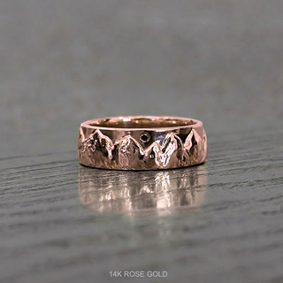 7mm Mountain Mens Wedding Ring with Black Diamond, Comfort Fit men's wedding band, Point No Point Studio. Eco-friendly, Recycled Metals, Conflict Free.