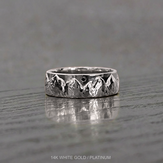 7mm Mountain Mens Wedding Ring with Black Diamond, Comfort Fit men's wedding band, Point No Point Studio. Eco-friendly, Recycled Metals, Conflict Free.
