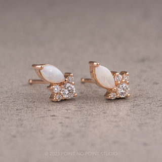 White Opal and Diamond Cluster Studs, 14k Rose Gold Earrings