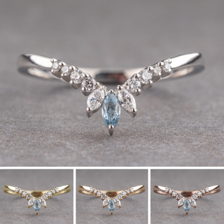 Cleo Wedding Ring, Aquamarine Marquise, 10 Diamond, Loaf Band