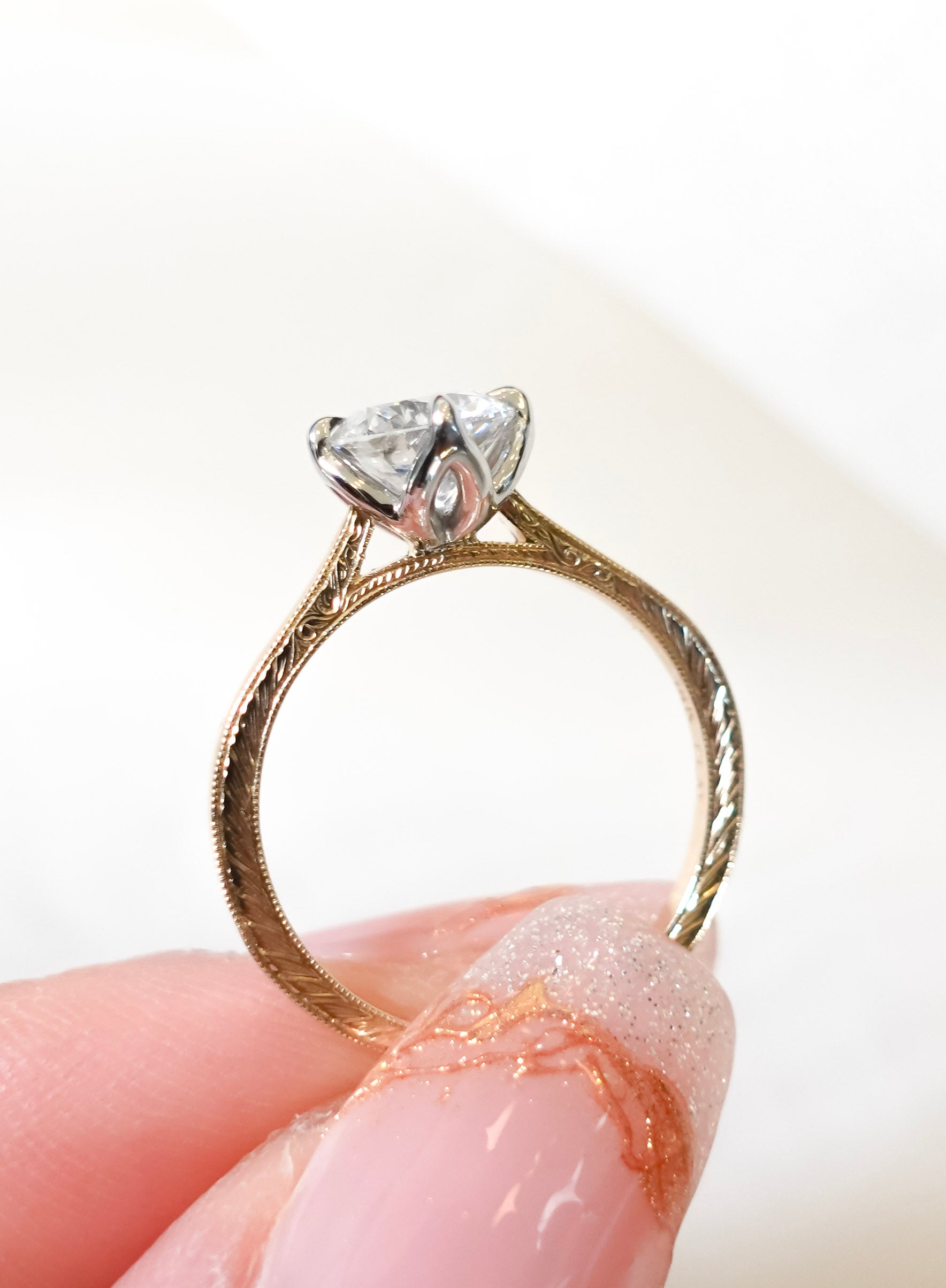 Custom Engraved Tulip Cathedral Engagement Ring – Point No Point