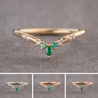 Flora Wedding Ring, 9 Diamond and Emerald, Round Band