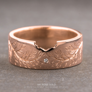 Engraved Ellipse Wedding Ring, Single Diamond, 8mm Polished women's wedding band, Point No Point Studio. Eco-friendly, Recycled Metals, Conflict Free.