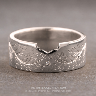 Engraved Ellipse Wedding Ring, Single Diamond, 8mm Polished women's wedding band, Point No Point Studio. Eco-friendly, Recycled Metals, Conflict Free.