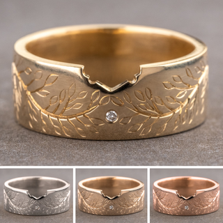 Engraved Ellipse Wedding Ring, Single Diamond, 8mm Polished women's wedding band, Point No Point Studio. Eco-friendly, Recycled Metals, Conflict Free.