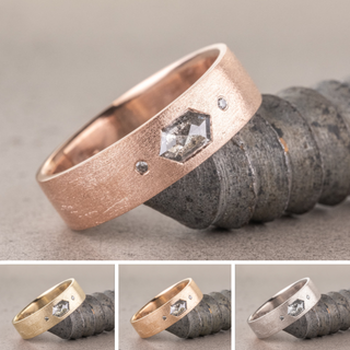 Salt and Pepper Hexagon Diamond Matte Mens Wedding Band, Comfort Fit