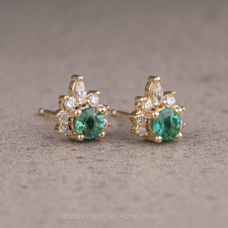 Emerald and Diamond Half-Halo Studs, 14k Yellow Gold Earrings