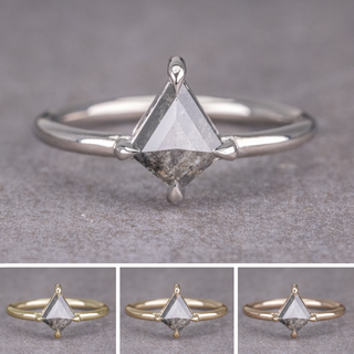 1.28 Carat Salt and Pepper Kite Diamond Engagement Ring, Jane Setting, Point No Point Studio. Available in a variety of metal types. Eco-friendly, Recycled Metals, Conflict Free.