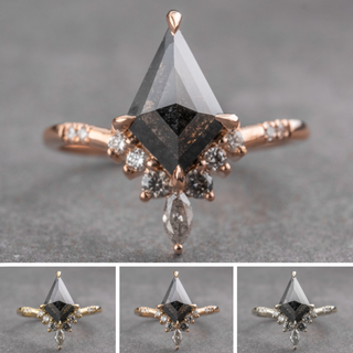 1.43 Carat Black Kite Diamond Engagement Ring, Ombre Flora Setting, Point No Point Studio. Available in a variety of metal types. Eco-friendly, Recycled Metals, Conflict Free.