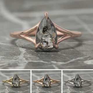 1.37 Carat Salt and Pepper Pear Diamond Engagement Ring, Split Shank Jane Setting