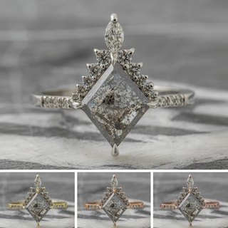 2.44 Carat Salt and Pepper Lozenge Diamond Engagement Ring, Avaline Setting, Point No Point Studio. Available in a variety of metal types. Eco-friendly, Recycled Metals, Conflict Free.