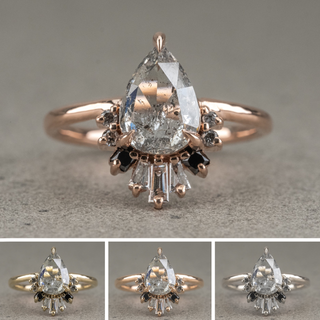 1.38 Carat Icy Salt and Pepper Pear Diamond Engagement Ring, Ombre Wren Setting