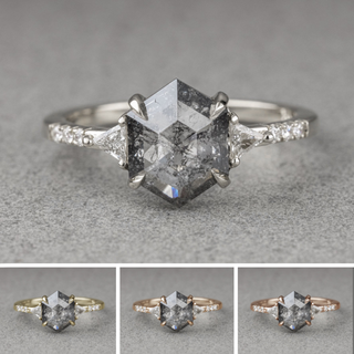 2.75 Carat Salt and Pepper Hexagon Diamond Engagement Ring, Eliza Setting, Point No Point Studio. Available in a variety of metal types. Eco-friendly, Recycled Metals, Conflict Free.