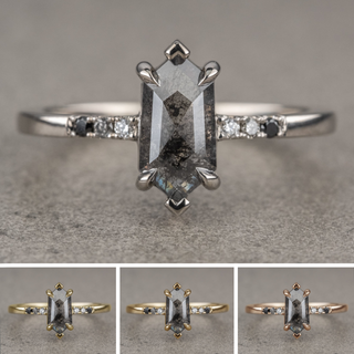 1.37 Carat Salt and Pepper Hexagon Diamond Engagement Ring, Ombre Sirena Setting