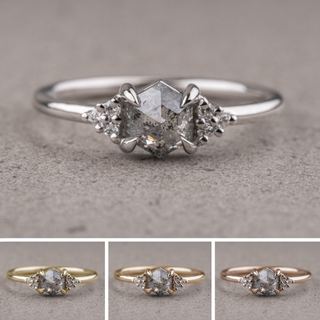 .92 Carat Salt and Pepper Hexagon Engagement Ring, Quinn Setting, Point No Point Studio. Available in a variety of metal types. Eco-friendly, Recycled Metals, Conflict Free.