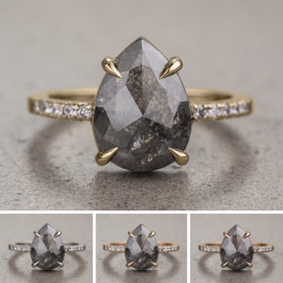 2.48 Carat Black Salt and Pepper Pear Diamond Engagement Ring, Jules Setting, Point No Point Studio. Available in a variety of metal types. Eco-friendly, Recycled Metals, Conflict Free.